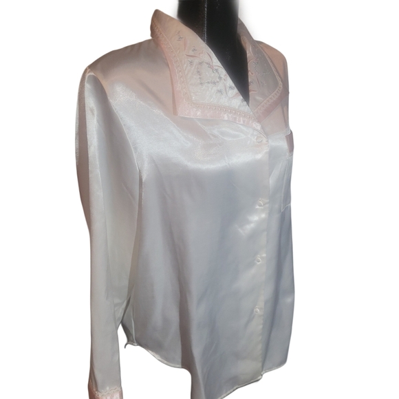 Carroll Reed White Satin 2 Piece Pajama Set with Pink Trim M - Picture 3 of 9